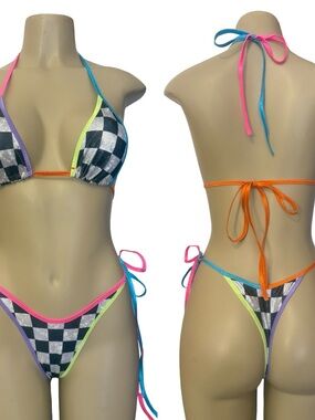 Holographic Black & White Checkerboard Triangle Bikini with Neon Trim